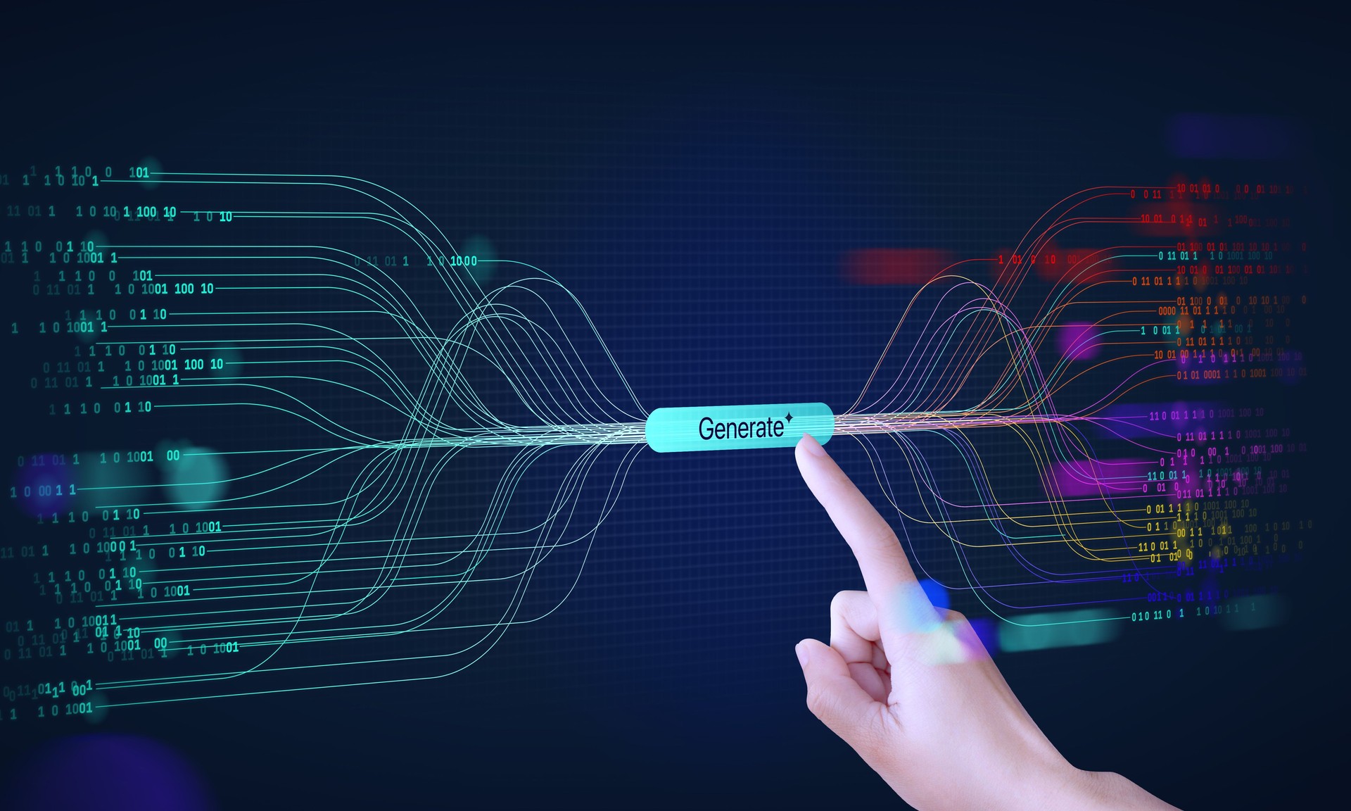 A hand touch abstract stream information. Big data, technology, AI brain, data transfer, data flow, generative AI, large language model, binary, coding background